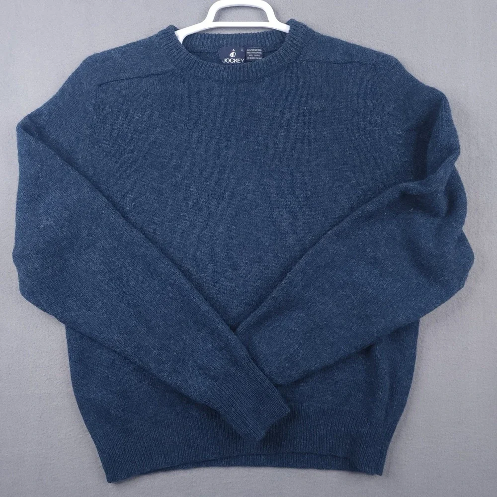 Jockey‎ Mens Large Blue 100% Pure New Wool Crewneck Long Sleeve Knit Sweater